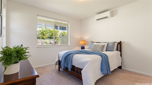 carpeted bedroom featuring a wall mounted AC