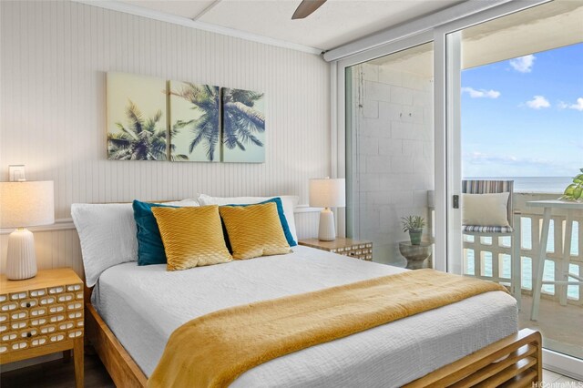 84-965 Farrington Hwy Unit A806, Waianae, HI 96792 - bedroom with ornamental molding, a water view, and ceiling fan