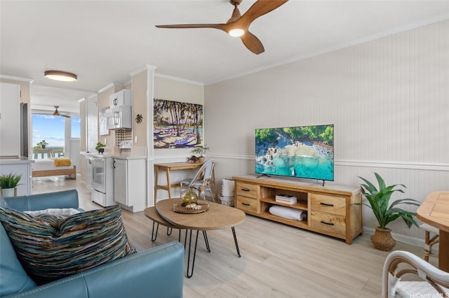 84-965 Farrington Hwy Unit A806, Waianae, HI 96792 - living room with ceiling fan, ornamental molding, and light wood finished floors