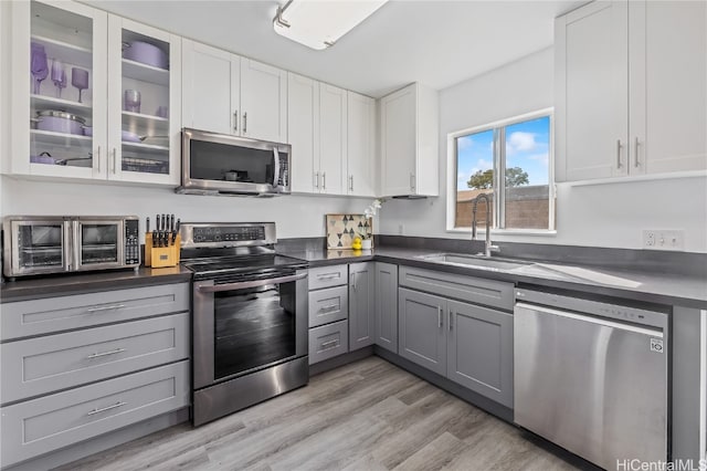 kitchen with light wood-type flooring, gray cabinetry, stainless steel appliances, sink, and white cabinetry