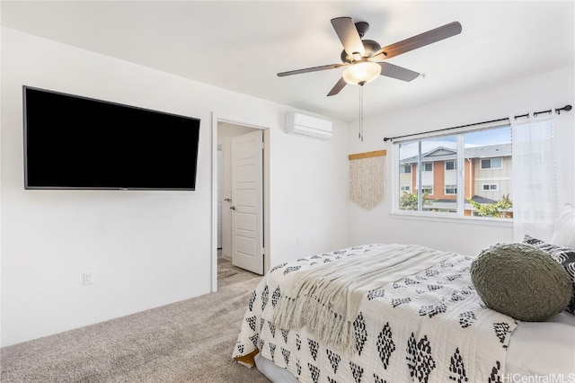 bedroom featuring a wall unit AC, ceiling fan, and light carpet