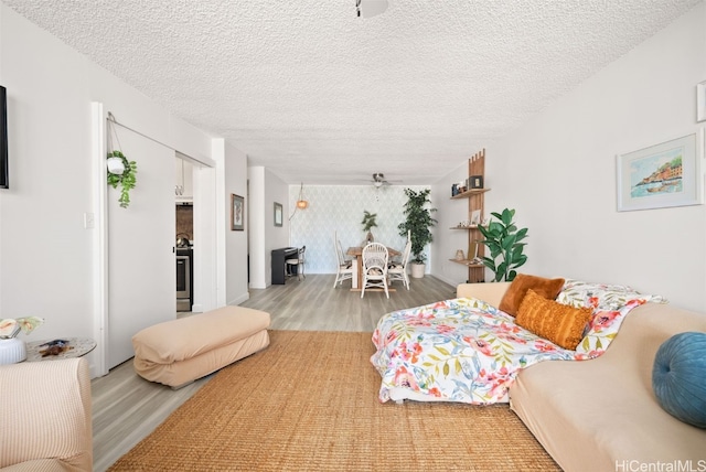 living room featuring hardwood / wood-style floors and a textured ceiling