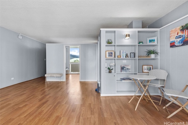 interior space featuring wooden walls, light hardwood / wood-style flooring, and a textured ceiling