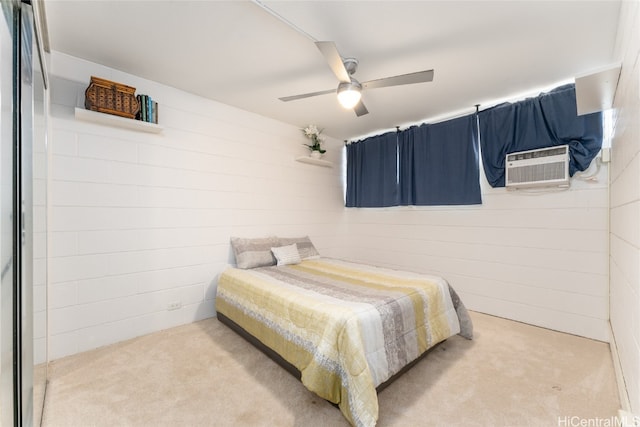 bedroom featuring ceiling fan and light carpet