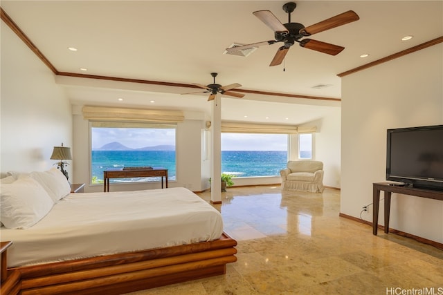 bedroom with ceiling fan and crown molding