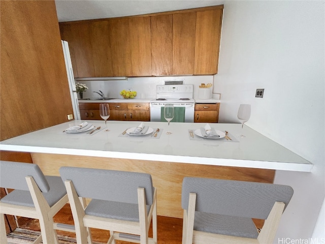 kitchen featuring hardwood / wood-style floors, kitchen peninsula, sink, and electric range