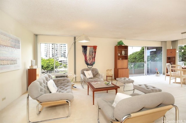 carpeted living room featuring a textured ceiling