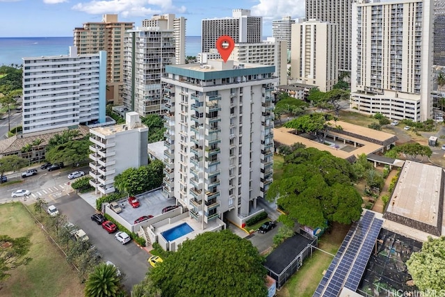 drone / aerial view featuring a water view