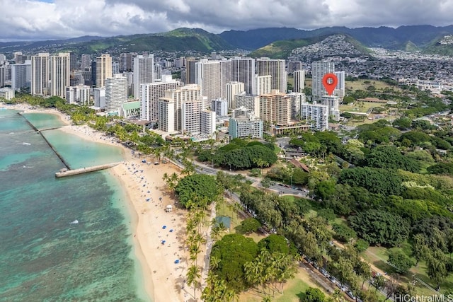 bird's eye view with a water and mountain view and a beach view