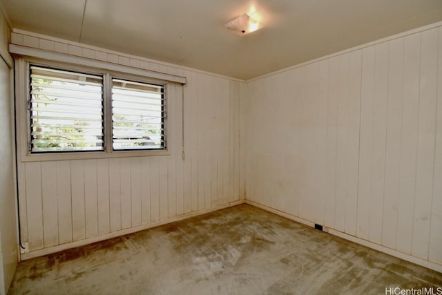 carpeted spare room with wooden walls