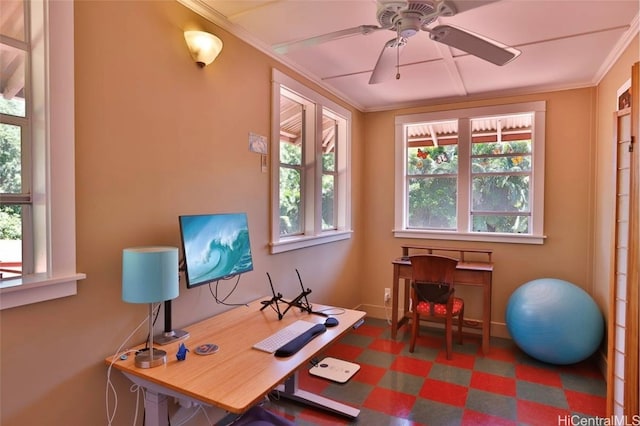 home office featuring ceiling fan and ornamental molding