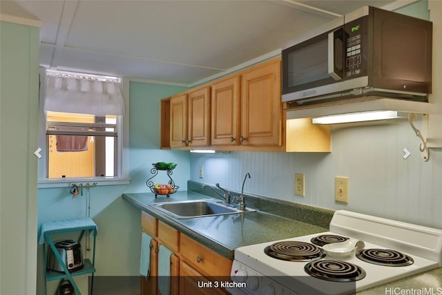 kitchen featuring white range oven and sink