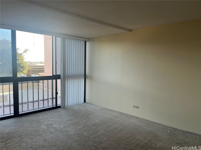 carpeted empty room featuring a wall of windows and a textured ceiling