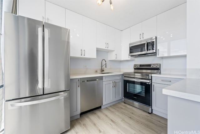 kitchen featuring gray cabinetry, white cabinetry, appliances with stainless steel finishes, and light hardwood / wood-style floors