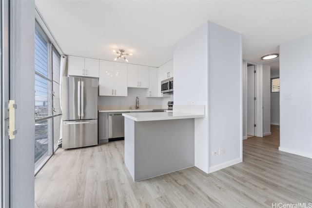 kitchen with appliances with stainless steel finishes, sink, white cabinets, kitchen peninsula, and light hardwood / wood-style flooring