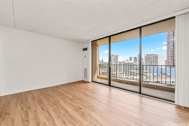 empty room with a healthy amount of sunlight, light hardwood / wood-style flooring, floor to ceiling windows, and a textured ceiling