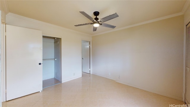 unfurnished bedroom with crown molding, a closet, light tile patterned floors, and ceiling fan