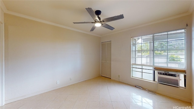 tiled empty room with ceiling fan, cooling unit, and ornamental molding