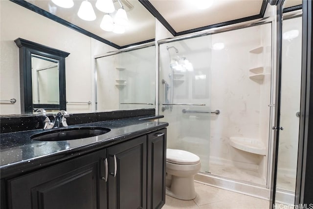 bathroom featuring crown molding, tile patterned flooring, toilet, a shower with shower door, and vanity