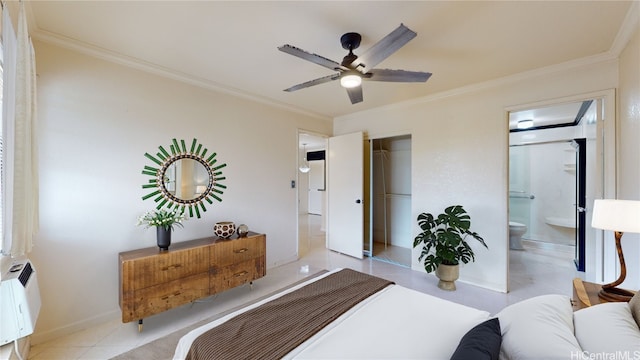 bedroom with a closet, ornamental molding, and connected bathroom