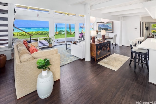 living room with a healthy amount of sunlight, dark hardwood / wood-style flooring, and beam ceiling