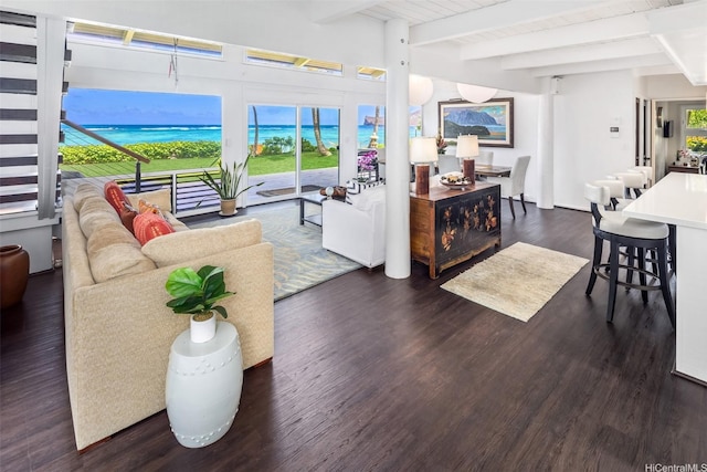 41-471 Kalanianaole Hwy, Waimanalo, HI 96795 - living area with beam ceiling, wood finished floors, and a water view