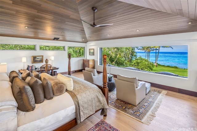 bedroom featuring light hardwood / wood-style floors, a water view, wood ceiling, and vaulted ceiling