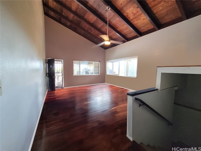 unfurnished living room featuring beamed ceiling, wood ceiling, a healthy amount of sunlight, and dark hardwood / wood-style floors