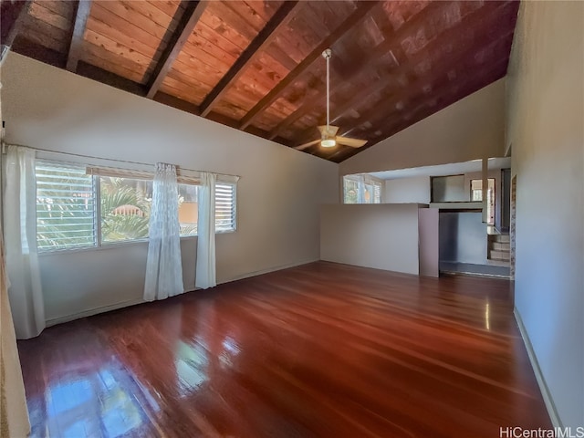 additional living space featuring ceiling fan, dark hardwood / wood-style floors, beam ceiling, high vaulted ceiling, and wood ceiling