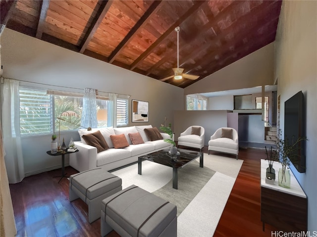 living room with wood ceiling, high vaulted ceiling, beamed ceiling, dark hardwood / wood-style floors, and ceiling fan