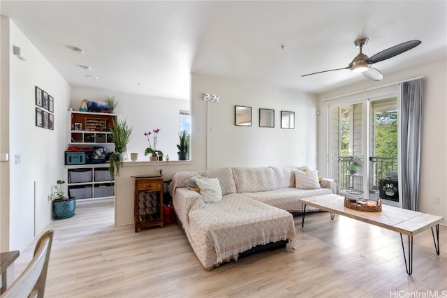 living room featuring ceiling fan and light wood-type flooring