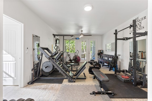 workout area featuring hardwood / wood-style flooring and ceiling fan