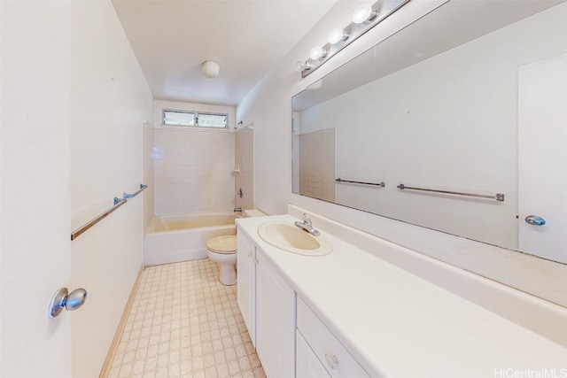 full bathroom featuring vanity, tiled shower / bath combo, and toilet