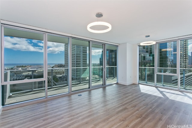 spare room with hardwood / wood-style floors and a wall of windows