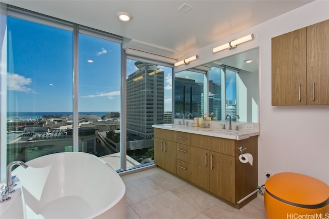 bathroom featuring expansive windows, a wealth of natural light, vanity, and a bathing tub