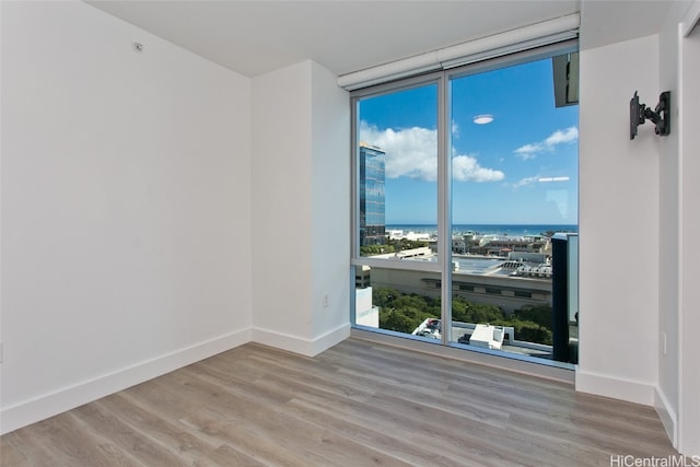 empty room featuring expansive windows, light wood-type flooring, and a water view