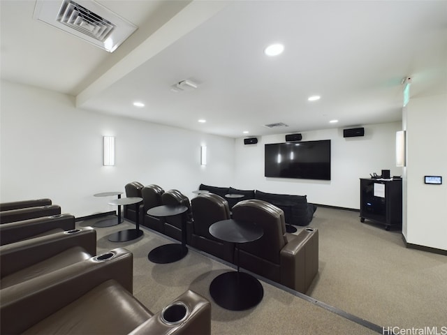 home theater room featuring carpet flooring