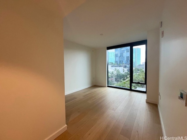 unfurnished room with expansive windows and light hardwood / wood-style floors