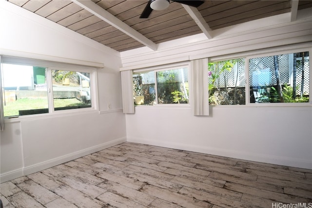 empty room with ceiling fan, wood ceiling, light wood-type flooring, and vaulted ceiling with beams