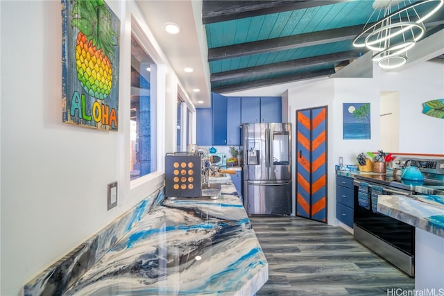 kitchen with wooden ceiling, appliances with stainless steel finishes, beam ceiling, blue cabinets, and dark hardwood / wood-style flooring