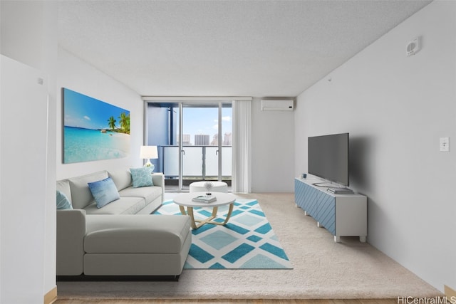 carpeted living room with an AC wall unit, a textured ceiling, and floor to ceiling windows