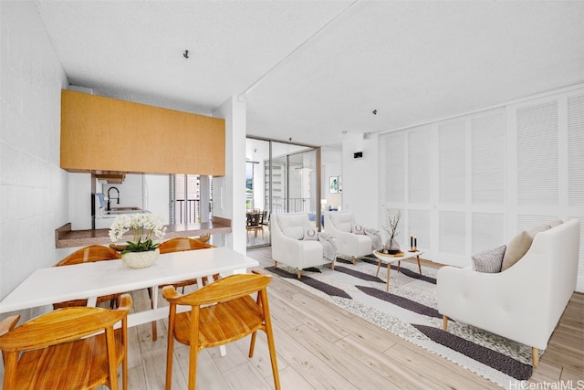 living room featuring light wood-type flooring, sink, and a textured ceiling