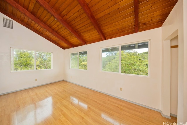 unfurnished room featuring hardwood / wood-style floors, beamed ceiling, wood ceiling, and high vaulted ceiling