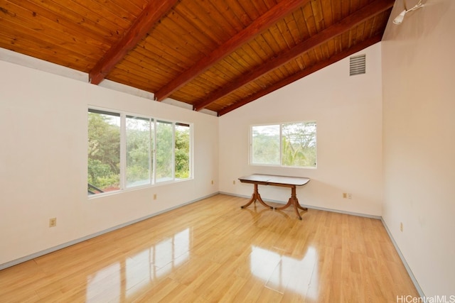 unfurnished room with high vaulted ceiling, light hardwood / wood-style flooring, beamed ceiling, and wood ceiling