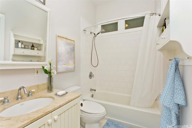 full bathroom featuring toilet, vanity, and shower / bathtub combination with curtain