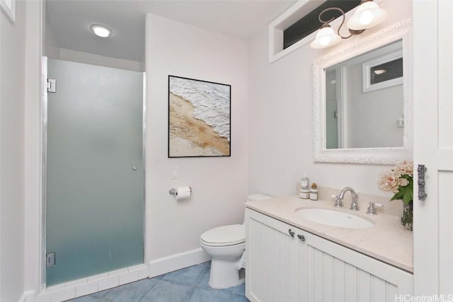 full bathroom with a stall shower, baseboards, toilet, tile patterned flooring, and vanity