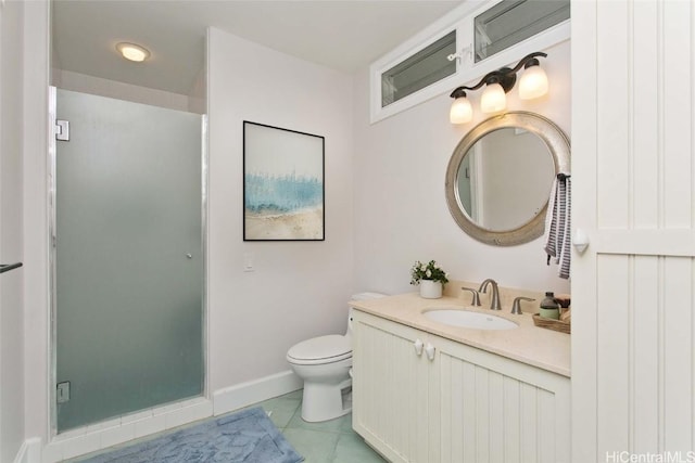 bathroom featuring baseboards, a shower stall, toilet, and vanity