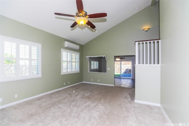 carpeted empty room with ceiling fan, an AC wall unit, and vaulted ceiling