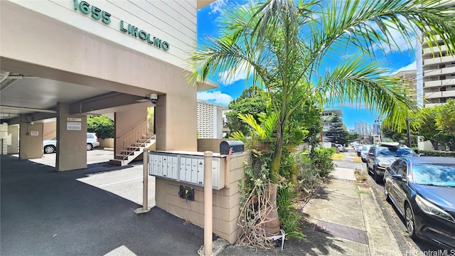 exterior details featuring mail boxes and carpet flooring