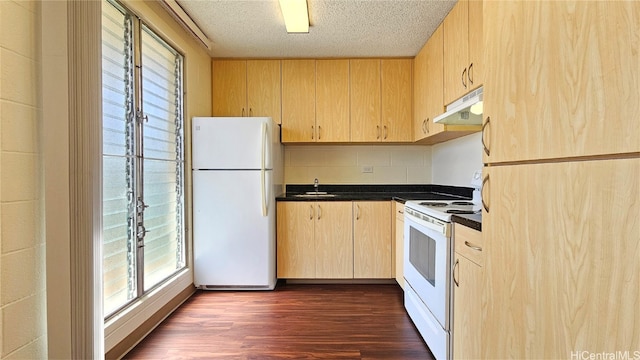 kitchen with dark hardwood / wood-style flooring, light brown cabinets, white appliances, and sink